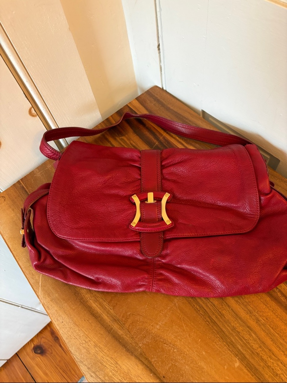b. makowsky Red Leather Shoulder Bag with Gold Accent